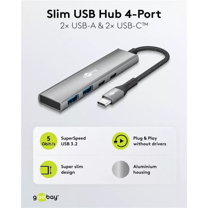 Goobay Slim 4-porttinen USB-keskitin USB-C - USB-A 5 Gbit/s - Plug USB 3.2 (76563)