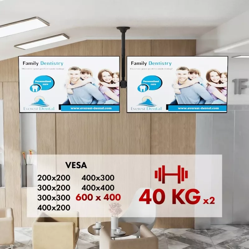 Kattoteline MACLEAN MC-111 B kahdelle televisiolle, maks. kuormitus 2×40 kg, maks. VESA 600×400