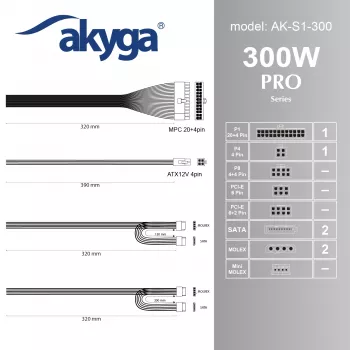 Akyga AK-S1-300 300 W SFX-virtalähde, passiivinen PFC, 80 mm:n tuuletin, musta