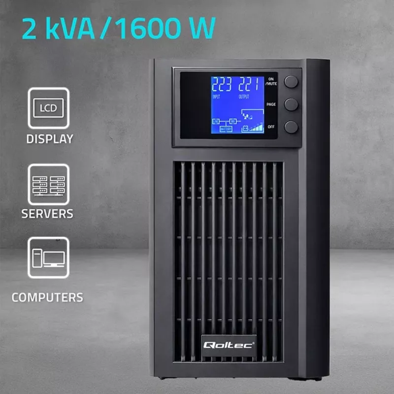 UPS QOLTEC puhdas siniaalto 2kVA 1600W AVR:llä ja LCD-näytöllä