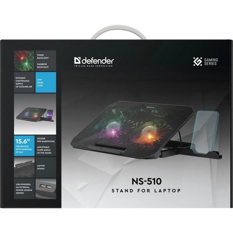 Kannettavan jäähdytysalusta DEFENDER NS-510, 2 tuuletinta, 2×USB-liitäntää ja RGB-valaistus