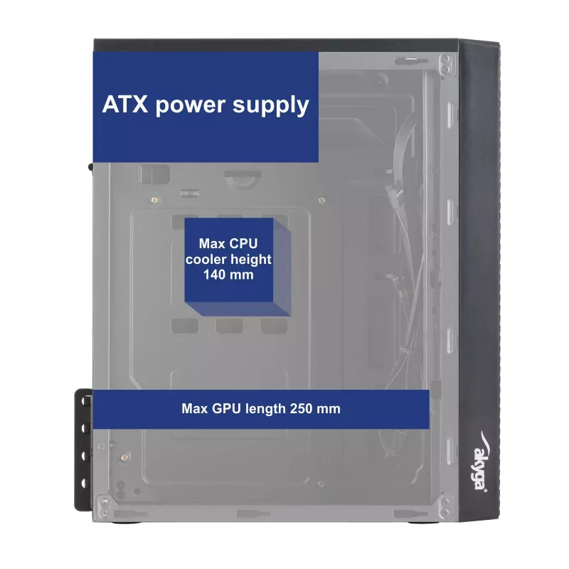 Akyga AK36BK Micro-ATX-tietokonekotelo, Micro ATX / Flex ATX / Mini ITX, USB 3.0 + USB 2.0, ilman virtalähdettä, musta