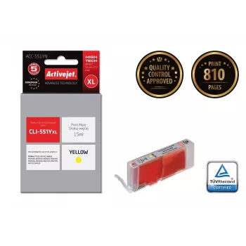 Yhteensopiva ActiveJet ACC-551YN mustekasetti keltainen, suuri (XL) riitto 15 ml, Canon CLI-551Y -yhteensopiva