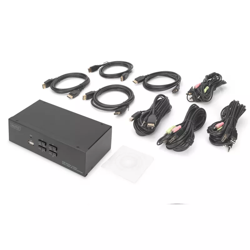 DIGITUS KVM-kytkin, 4 porttia, kaksoisnäyttö, 4K, DisplayPort®