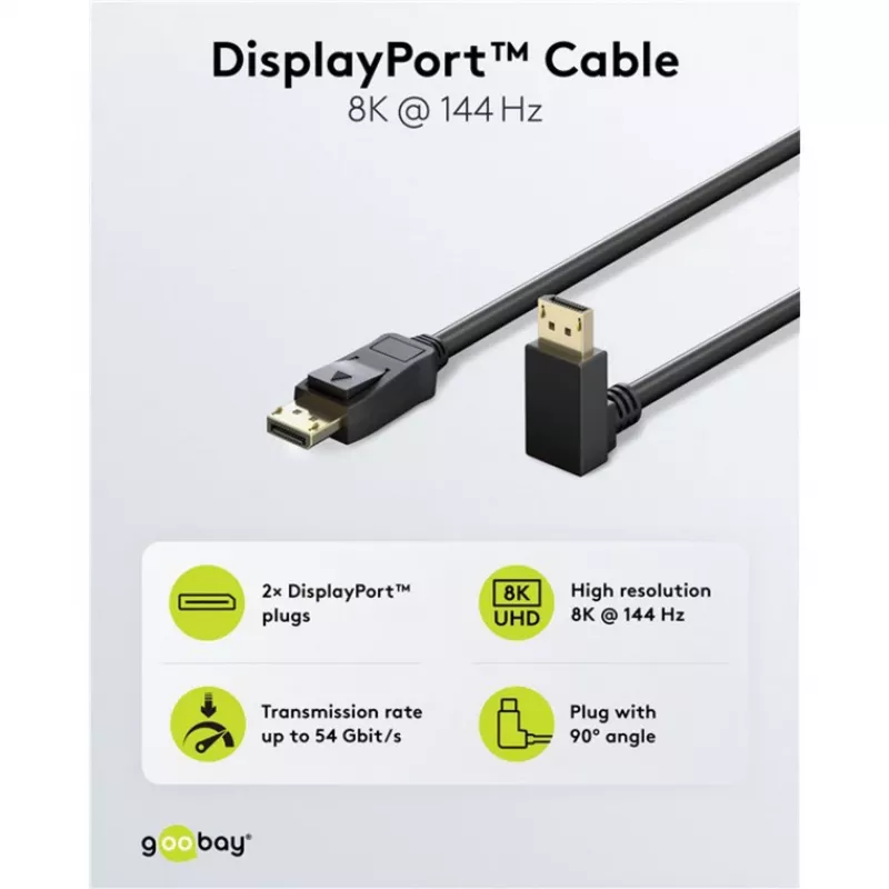 Goobay DisplayPort-kaapeli 90 asteen kulmaliitin, DisplayPort 2.0/2.1, 54 Gbit/s, 8K 144 Hz, 2 m