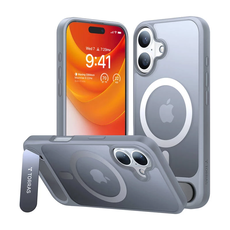 Kotelo Torras Pstand Series iPhone 16 Plusille (titaaninharmaa)