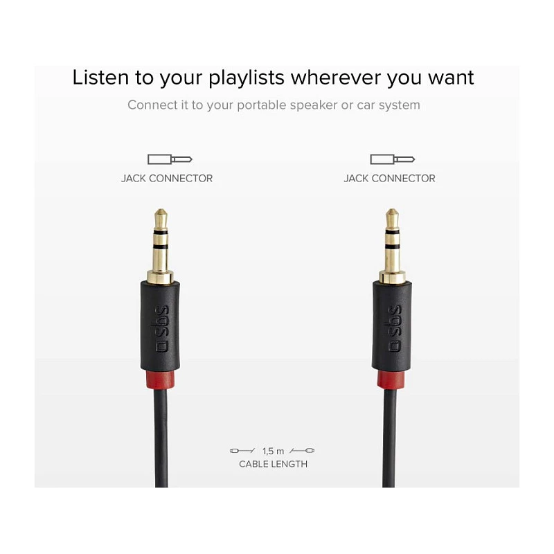 SBS TECABLE35KR - audiokaapeli - mini-phone stereo 3,5 mm uros - mini-phone stereo 3,5 mm uros - 1,5 m - musta (TECABLE35KR)