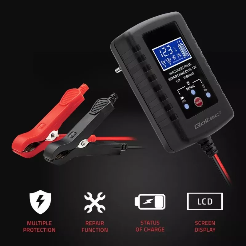 Akkulaturi QOLTEC 52426 AGM-/GEL-/vakiakuille 6V/12V 2A LED-näytöllä