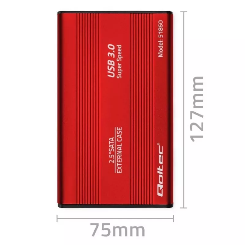 HDD/SSD-kotelo QOLTEC 51860 2,5 tuuman SATA III -asemille, USB Type-A, 5 Gbit/s, alumiini, punainen