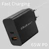 Qoltec 52380 Super Quick PD -laturi | 1xUSB-C | 1xUSB | 65W | 5-20V | 1,5-3,25A | musta