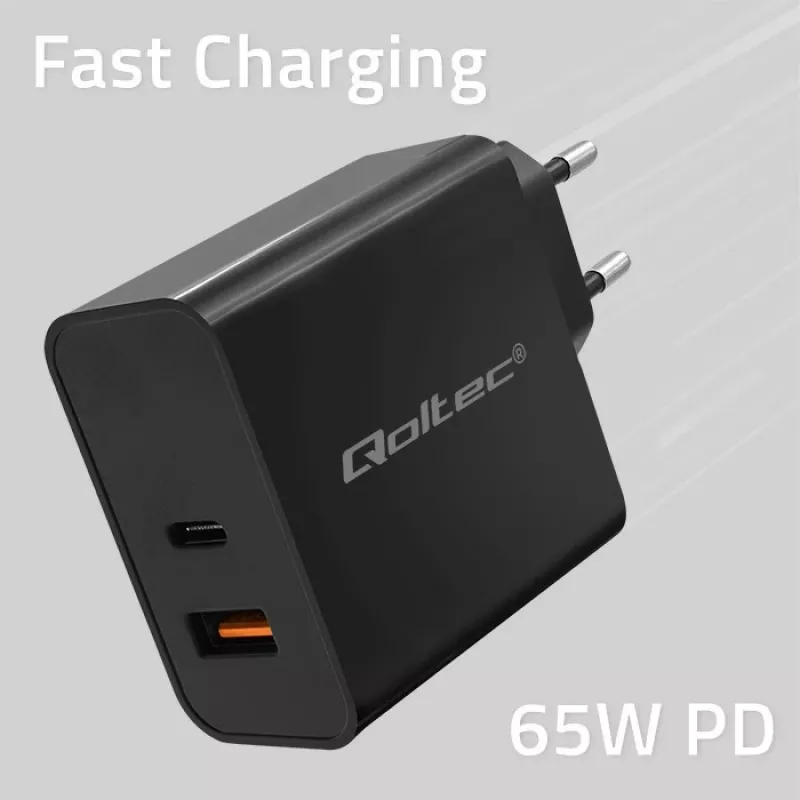 Qoltec 52380 Super Quick PD -laturi | 1xUSB-C | 1xUSB | 65W | 5-20V | 1,5-3,25A | musta