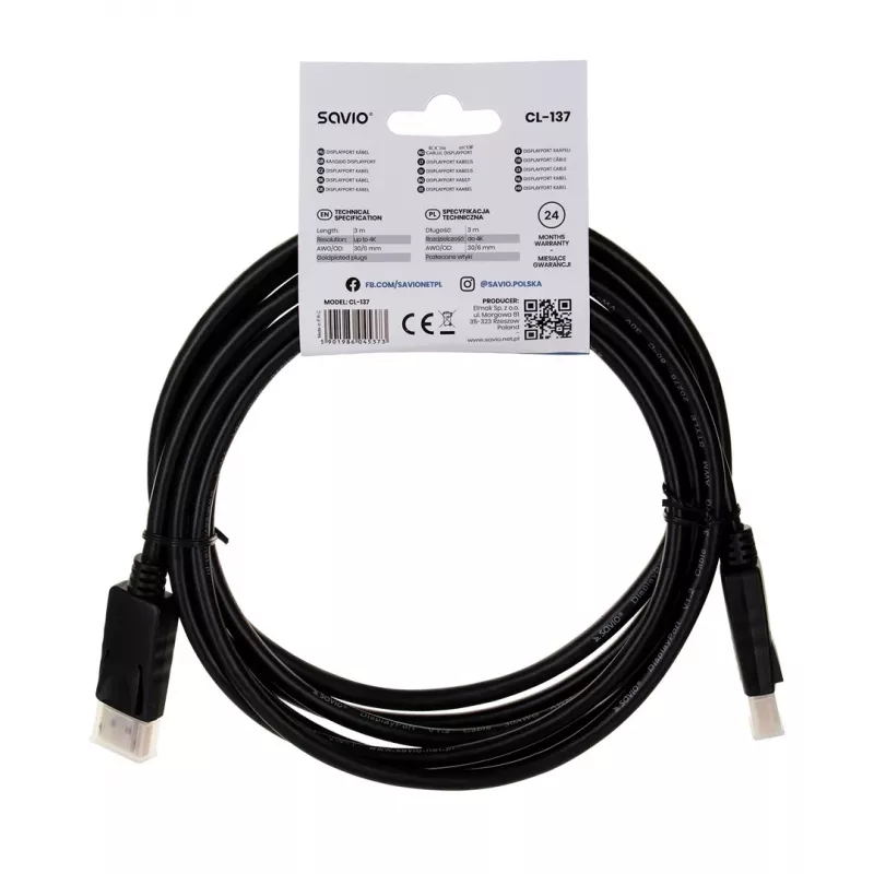 Savio CL-137 DisplayPort-kaapeli 3 m musta