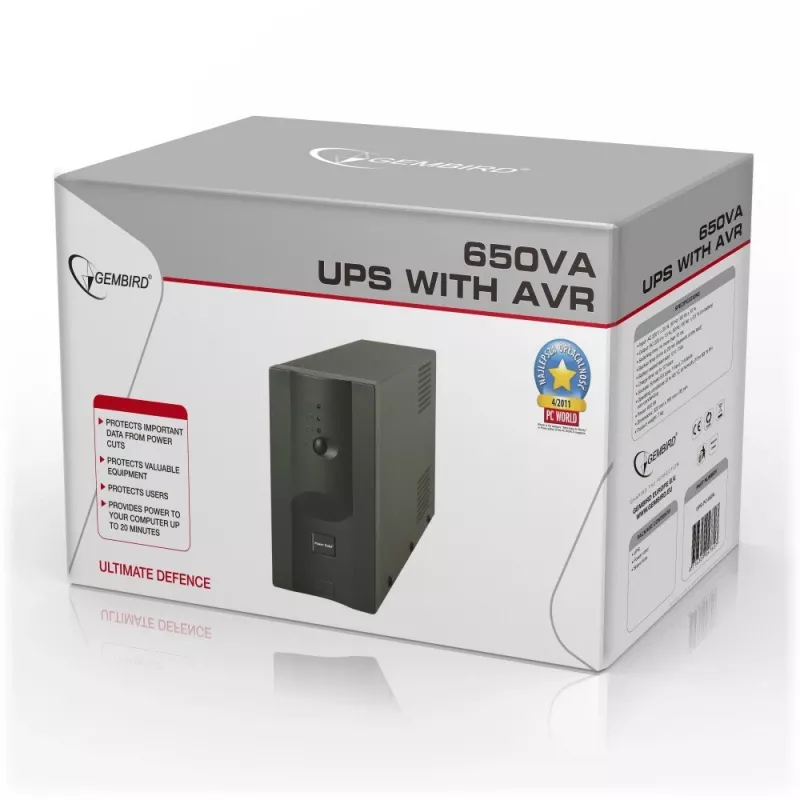 Gembird UPS-PC-652A keskeytymätön virransyöttö (UPS) Line-Interactive 0,65 kVA 390 W 3 AC-lähtöä