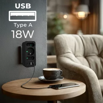 Virranjakaja MACLEAN MCE248 F/B — 3 AC-pistorasiaa (1x16A, 2x6A) ja 4 USB-liitäntää (2xUSB‑A, 2xUSB‑C PD 20W), EU-pistoke, musta