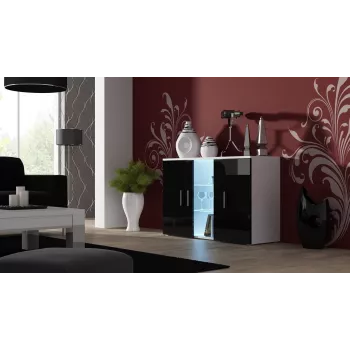 Sideboard Cama Meble SOHO S7 120 cm – 3 ovea, 4 hyllyä, valkoinen kansi, musta kiiltävä