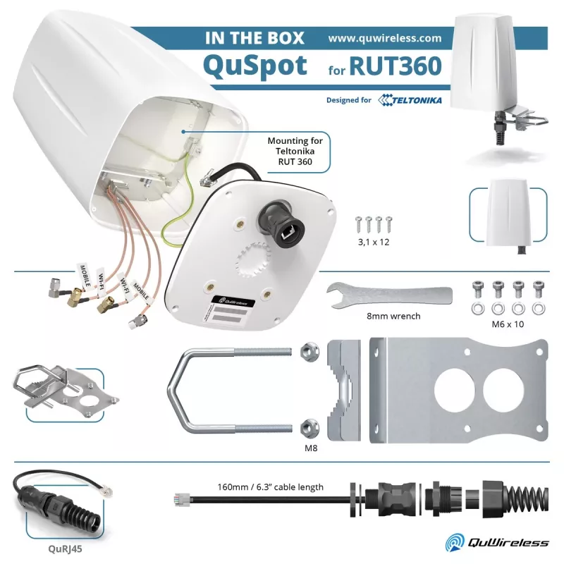 QuWireless QuSpot A360S kaikkiin suuntiin säteilevä LTE + Wi-Fi -antenni Teltonika RUT360:lle, PoE/LAN, 6 dBi, IP67, valkoinen