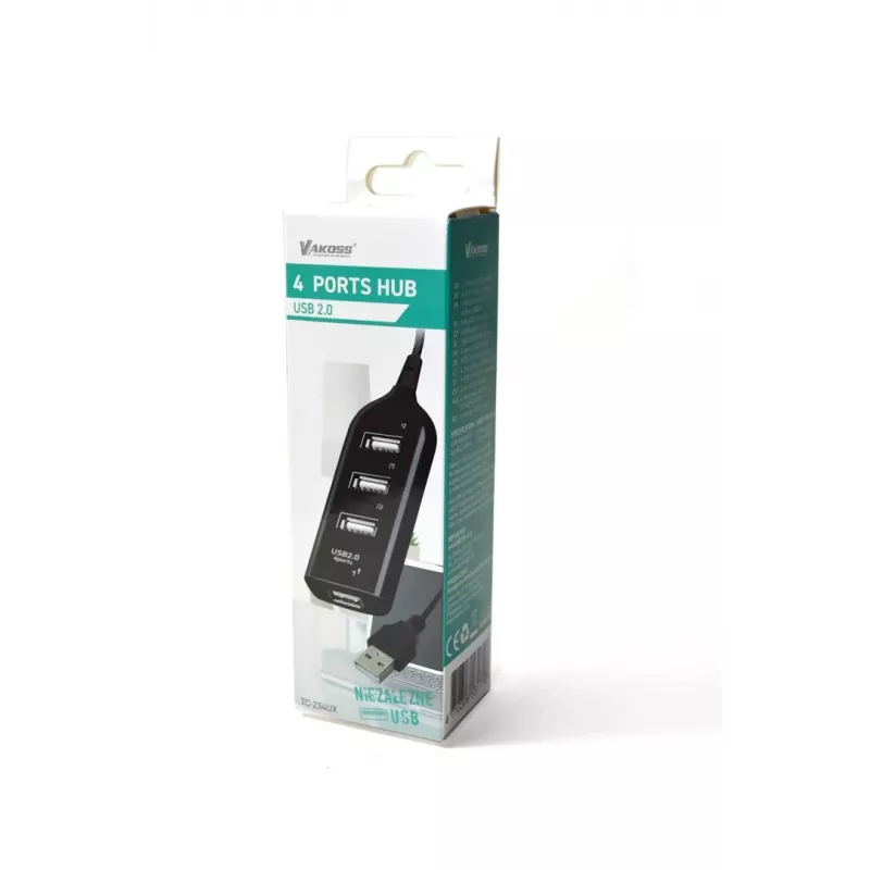VAKOSS USB-keskitin TC-234UX — 4-porttinen USB 2.0 -keskitin, DC-virtalähde (5 V, 1 A), musta