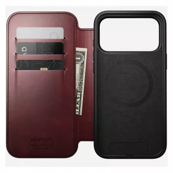 Nomad Modern Leather Folio -puhelinkotelo iPhone 17 Pro Max — nahka, TPU, PC, alumiini, burgundi, 16 cm (6,3