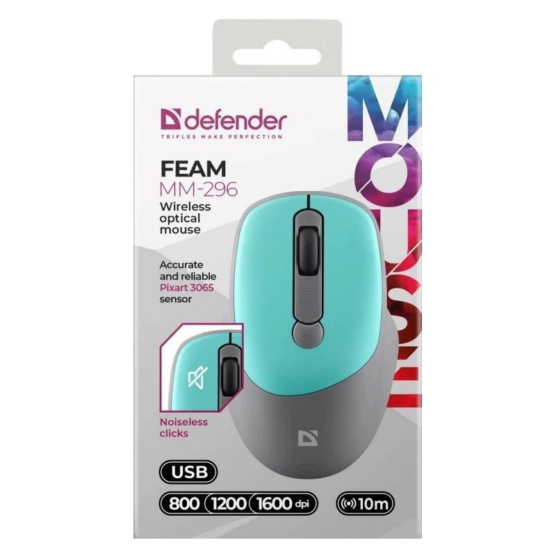 Defender Feam MM-296 52294 langaton hiiri, hiljainen napsautus, optinen, 1600 DPI, USB, minttu