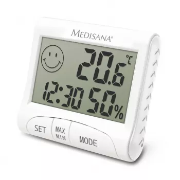 Elektroninen sisähygrometri Medisana HG 100 — digitaalinen lämpömittari, ilmankosteus 20–90 %, lämpötila -10–50 °C, pöytänäyttö, paristo AAA