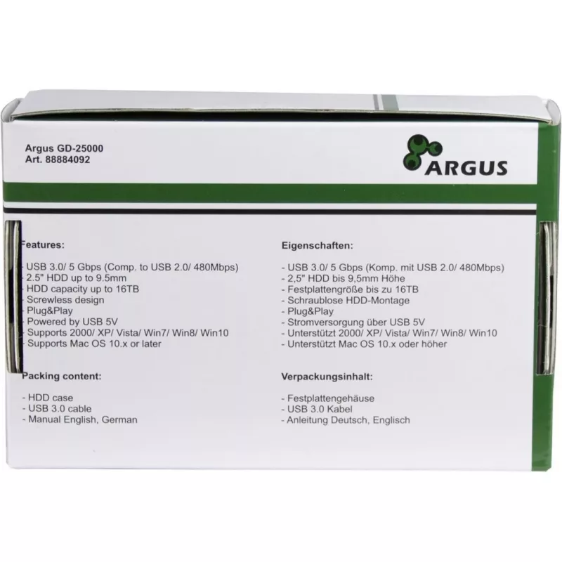 HDD-kotelo Argus GD-25000, USB 3.0, läpinäkyvä