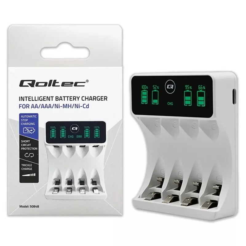 QOLTEC akkulaturi 50848 NiMH AAA (R03)- ja AA (R6) -kennoille LCD-näytöllä