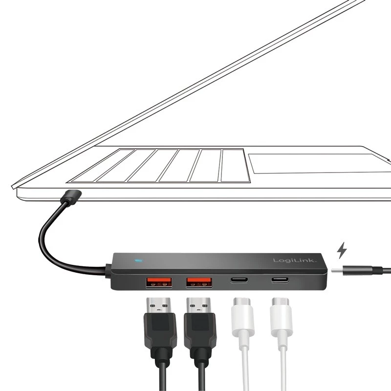 USB-C-keskitin, 4 porttia 2x USB-A, 2x USB-C, musta