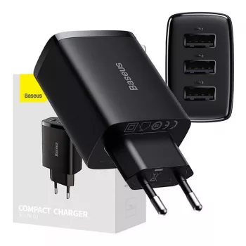 Baseus kompakti pikalaturi, 3x USB, 17 W (musta)