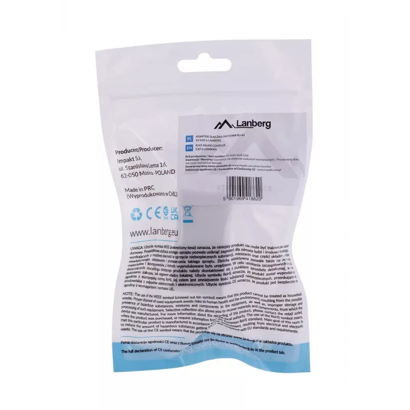Lanberg AD-RJ45-RJ45-OU6 RJ45-jatkoliitin Cat.6 UTP, valkoinen