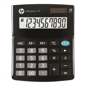 Pöytälaskin HP OC 110 — 10-numeroinen LCD, paristo/aurinko, CR2032, 24 painiketta, musta, 101×33×125 mm