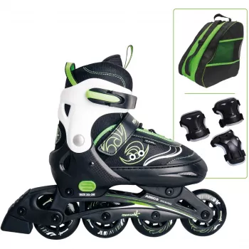 Inline-luistimet Muuwmi 682 säädettävä koko 33–36 vihreä/musta suojasarjalla