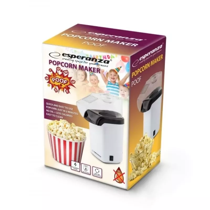 Popcornkone Esperanza EKP005W musta valkoinen, 0,27 L, 1200 W, kuumailma