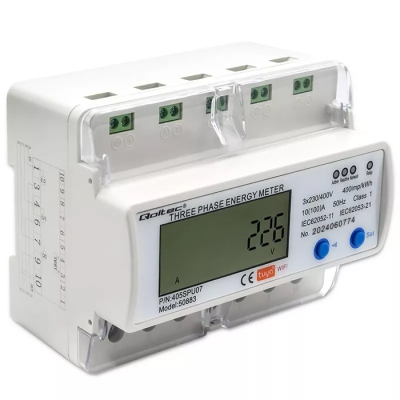 Kolmivaiheinen energiamittari QOLTEC 50883 Wi‑Fi 400V LCD-näytöllä