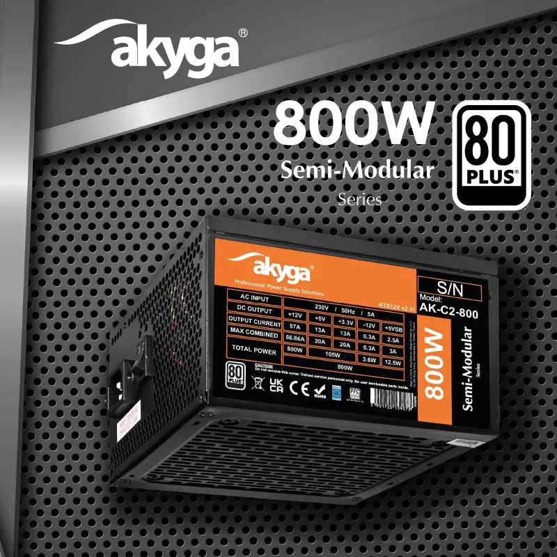 Akyga AK-C2-800 Classic 800 W ATX-virtalähde, osittain modulaarinen, aktiivinen PFC, 120 mm tuuletin