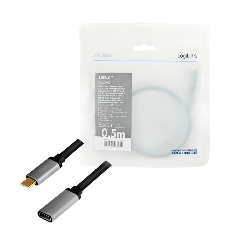 LogiLink USB-kaapeli USB 3.2 Gen 2 CUA0105 0,5 m USB-C musta harmaa