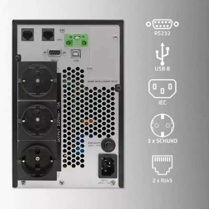 Qoltec 52281 UPS (keskeytymätön virransyöttö) kaksoismuunnos (Online) 2 kVA 2000 W 3 AC-lähtöä