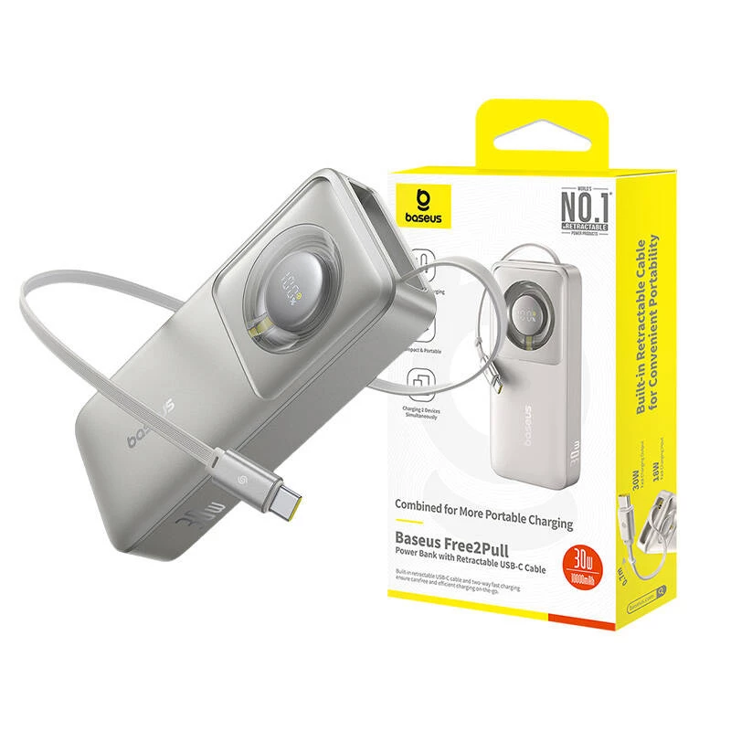 Powerbank Baseus OS Free2Pull 10000mAh 30W +kaapeli (harmaa)