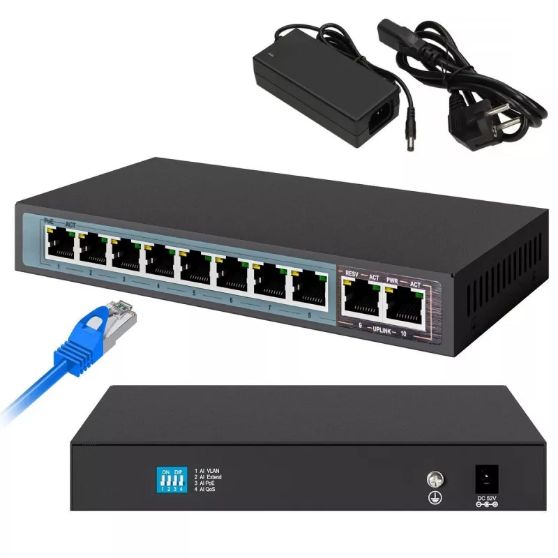 Extralink PoE-kytkin CERES 8x 100Mb/s PoE/PoE+, 2x RJ45 uplink 100Mb/s, 96W