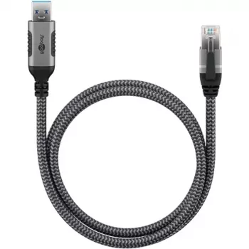 Ethernet-kaapeli USB-A 3.2 Gen1 uros > RJ-45 uros, LAN-sovitin musta/hopea, 3 metriä, punottu tekstiilivaippa