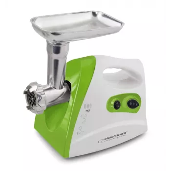 Lihamylly ESPERANZA EKM012G — 600 W, ruostumattomasta teräksestä valmistettu terä, makkaransuutin, kebbe-lisäosa, taaksepäinpyöritys, liukumattomat jalat, valkoinen/vihreä