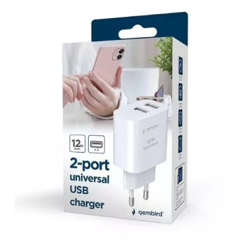Laturi Gembird TA-UC-2A12-01 sisäkäyttöön AC 2.4A 2 USB valkoinen