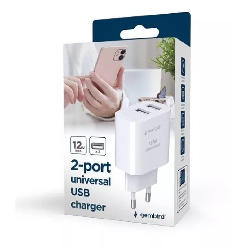 Laturi Gembird TA-UC-2A12-01 sisäkäyttöön AC 2.4A 2 USB valkoinen