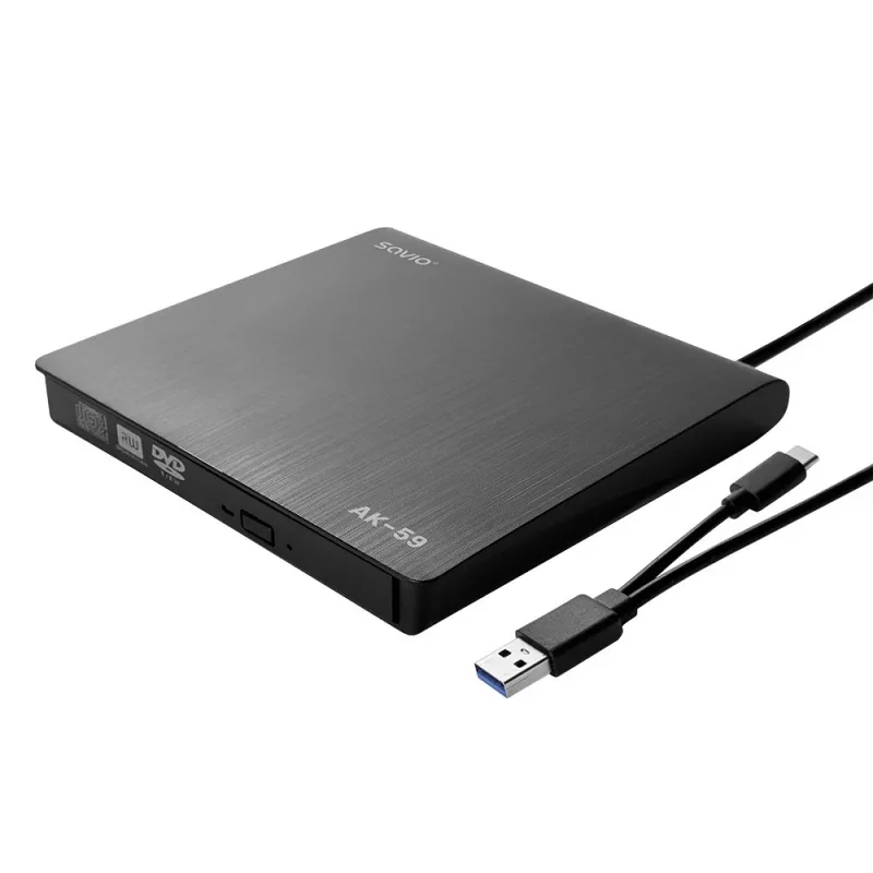 SAVIO AK-59 ulkoinen ohut CD/DVD-poltin R/RW - USB-C/USB-A, musta