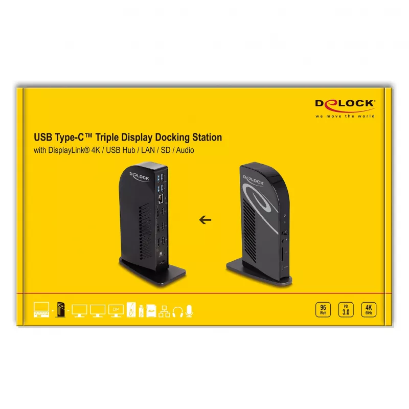 DeLOCK USB Type-C Triple Display -telakointiasema 4K USB-keskitin LAN ääni PD 96W