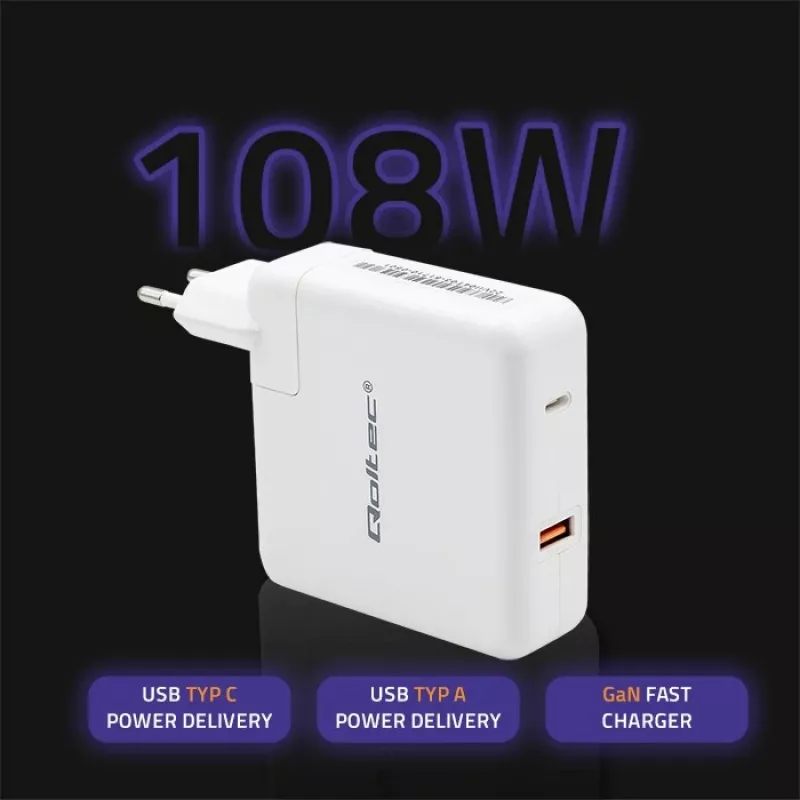 Qoltec GaN-laturi FAST 108W | 5-20V | 3-4.7A | USB C | valkoinen