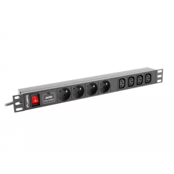 Virranjakoyksikkö LANBERG PDU-04E04I-0200-IEC-BK — 1U, 4 Type-E-pistorasiaa, 2 m kaapeli, 10 A, 220–250 V