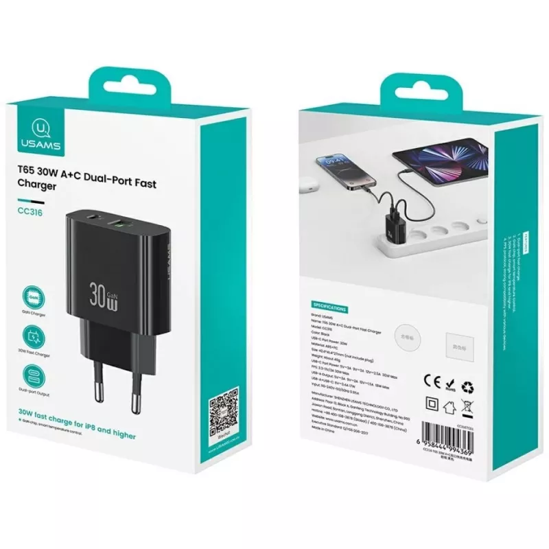 USAMS-laturi USA001631 30W 1x USB-C ja 1x USB-A pikalataus