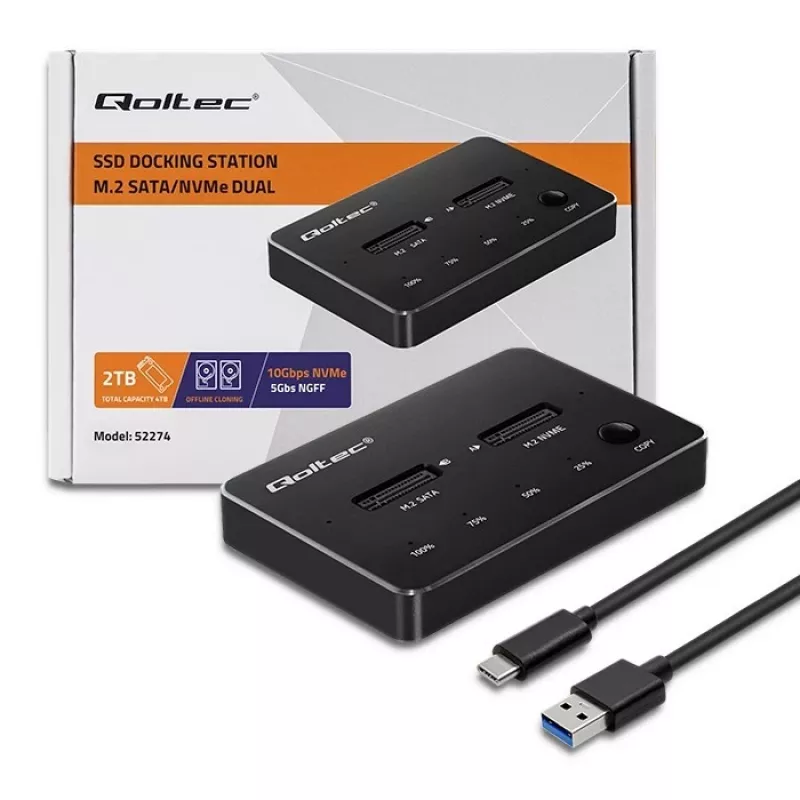 Qoltec 52274 M.2 SSD-telakka | NVMe | SATA | USB-C | DUAL 2 x 2TB