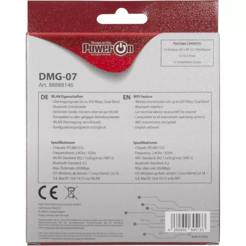 Inter-Tech DMG-07 – langaton – USB – WLAN / Bluetooth – Wi-Fi 5 (802.11ac) – 650 Mbit/s – musta (88888146)