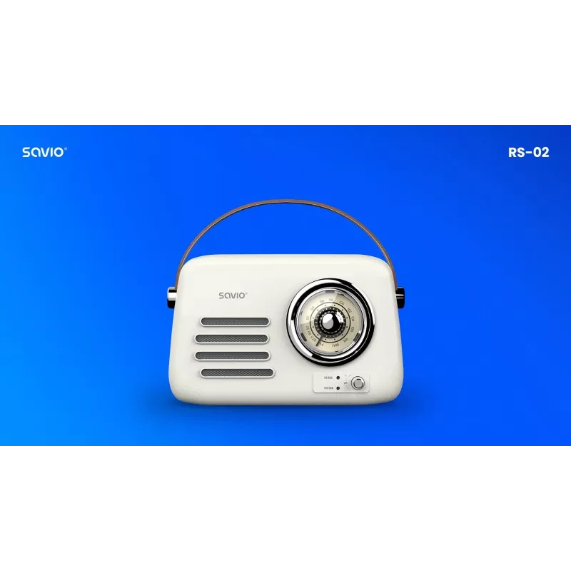 Kannettava radio SAVIO RS-02 — analoginen FM-viritin, Bluetooth 5.3, USB-virtalähde, 3 W, valkoinen